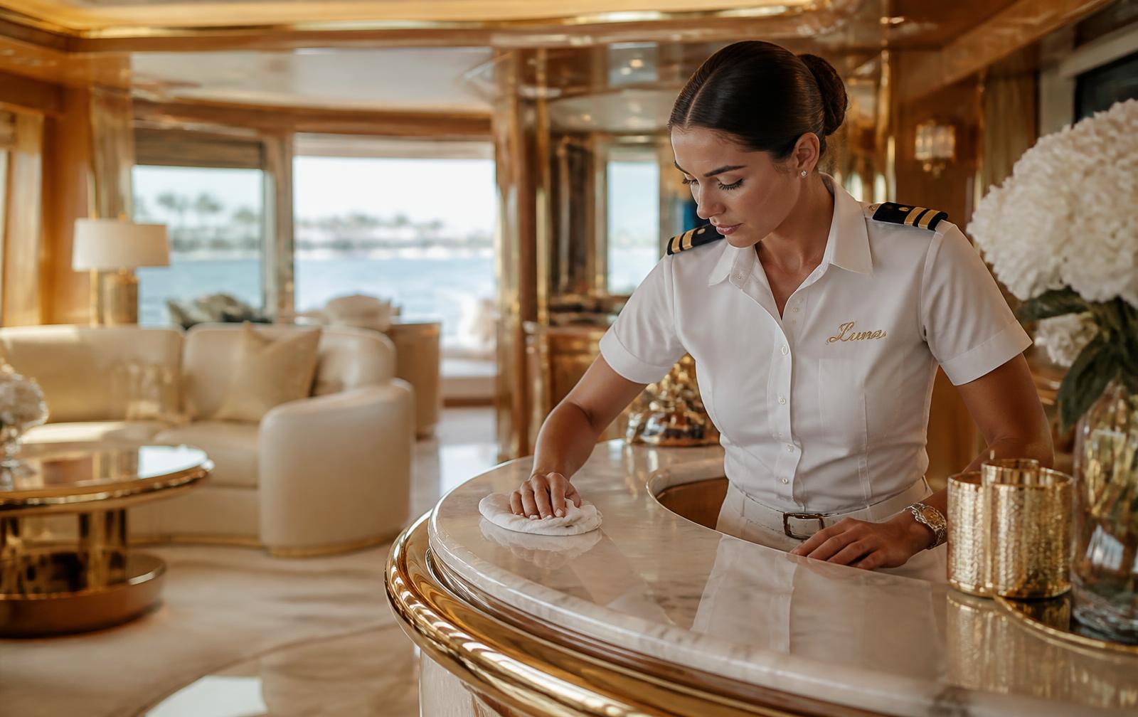 Professional crew member meticulously polishing a marble surface inside a luxury yacht