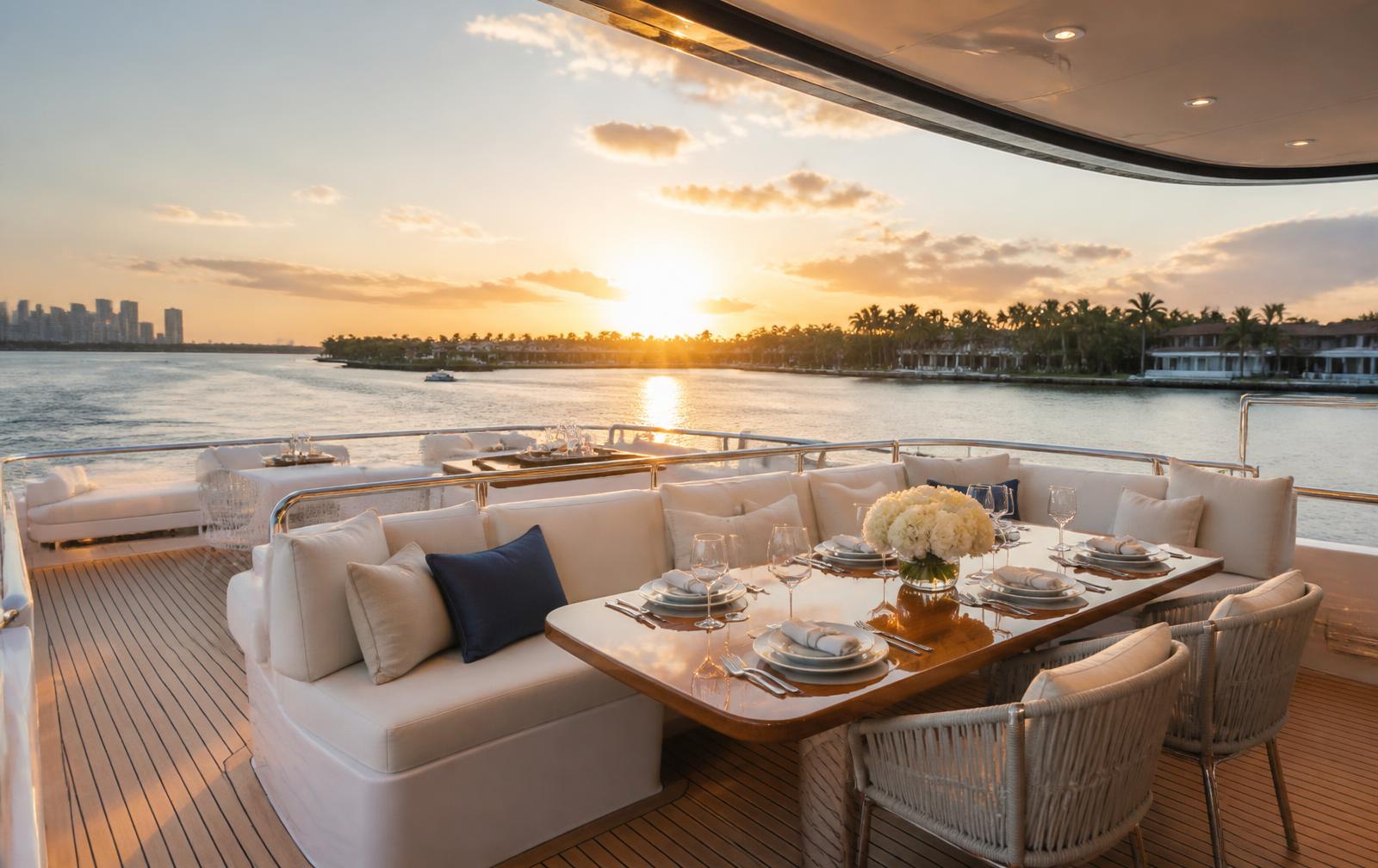 Immaculate yacht sundeck at sunset
