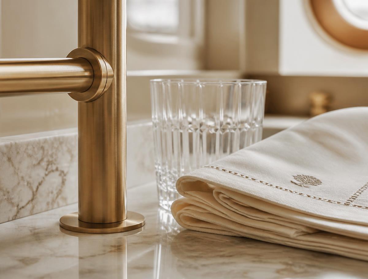 Polished marble and brass interior yacht detail