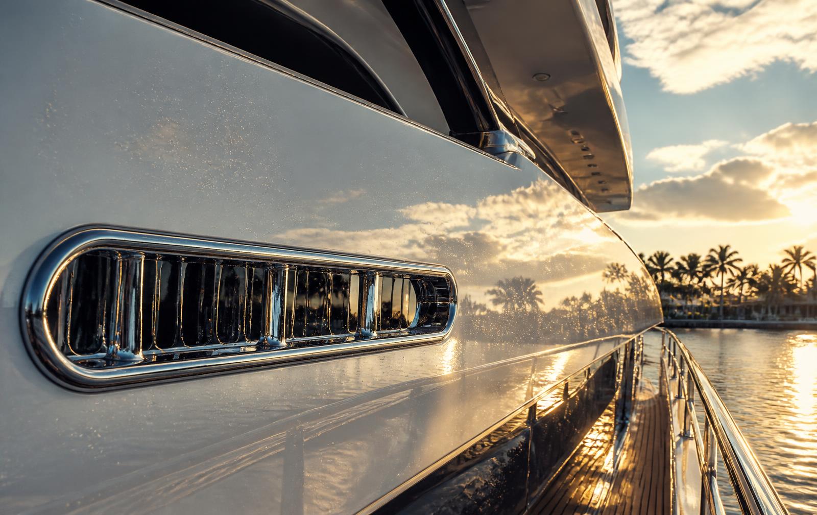 Gleaming yacht hull and polished brightwork reflecting golden South Florida light