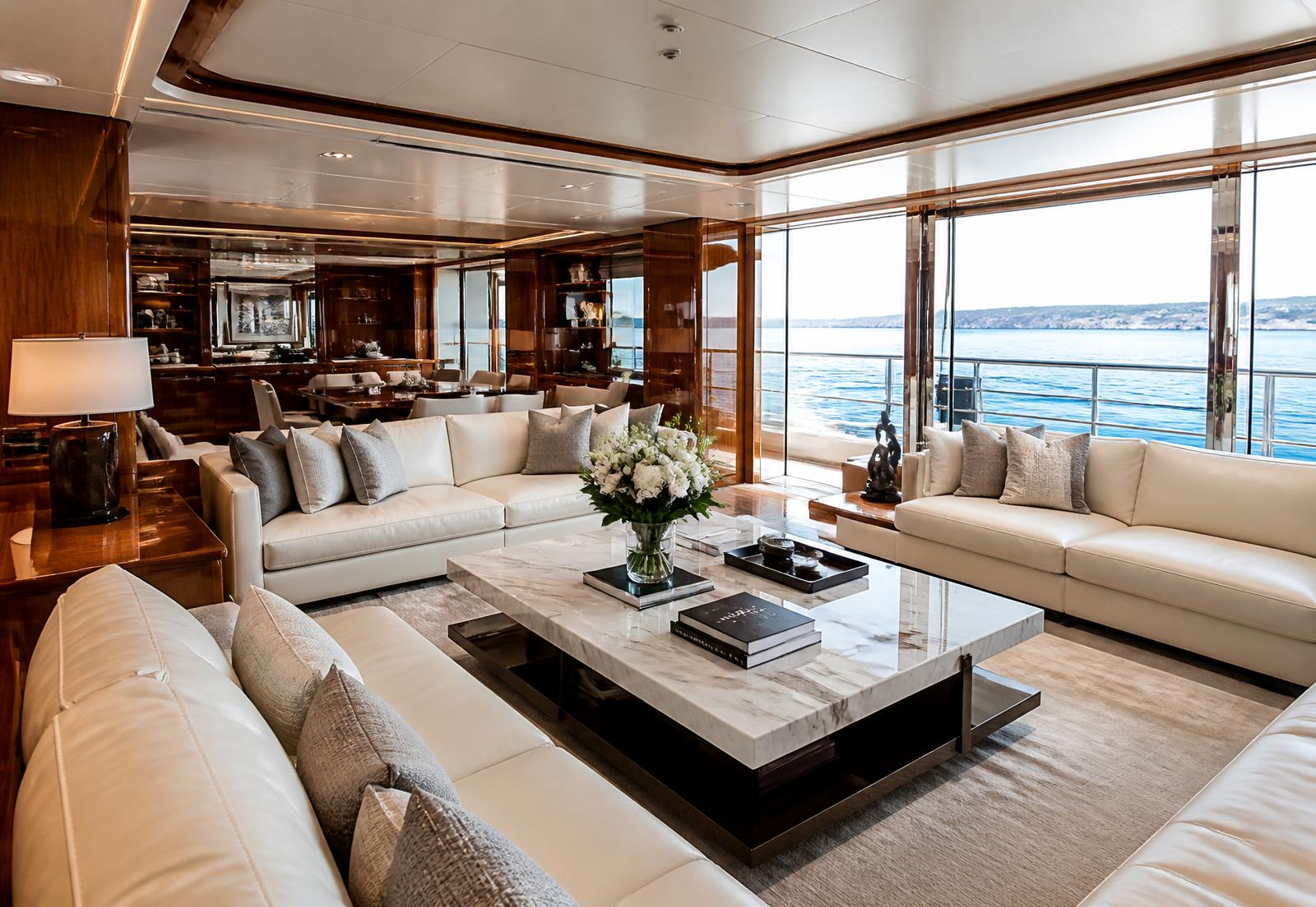 Immaculate luxury yacht salon with polished wood and cream leather