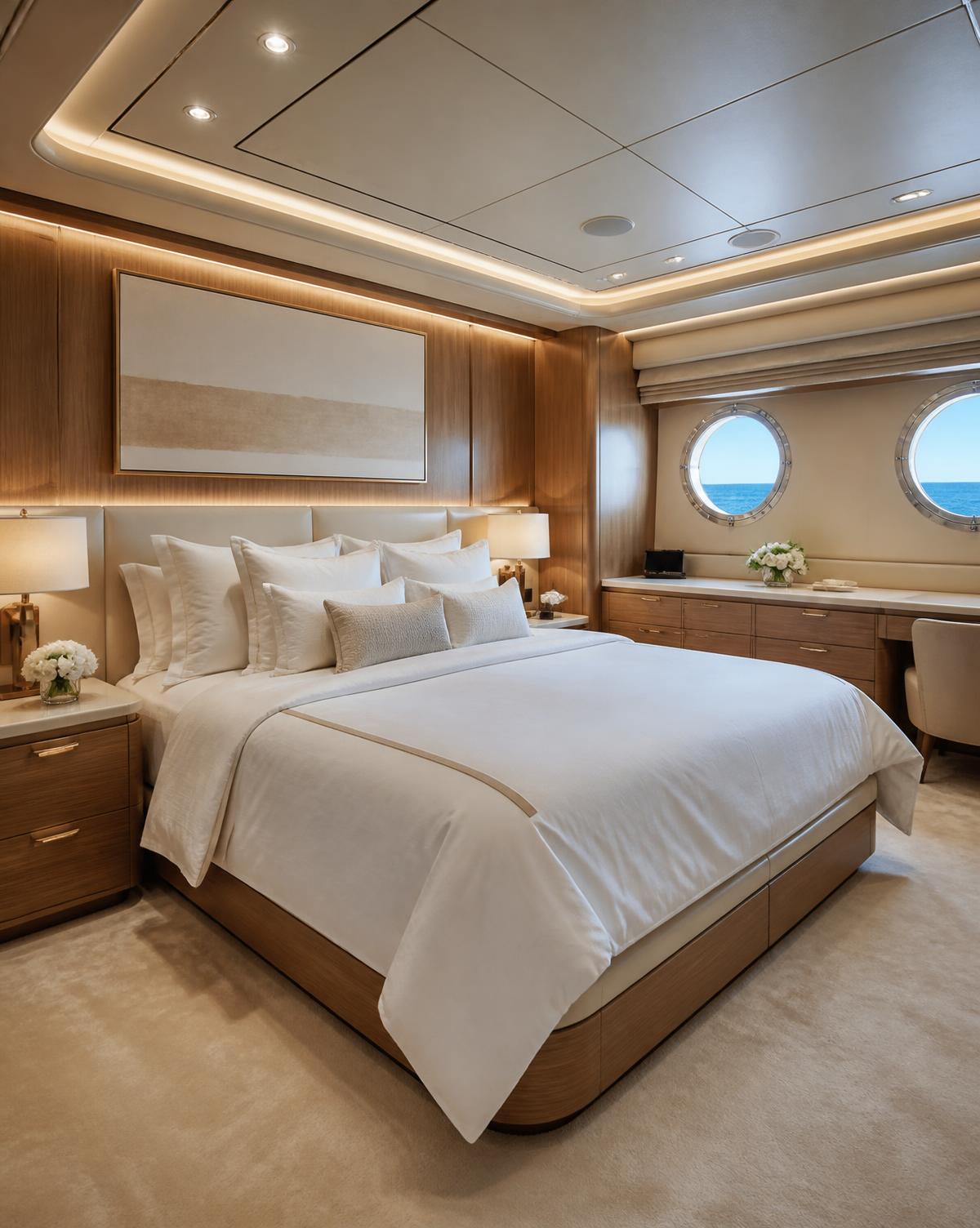 Luxury yacht stateroom with crisp linens and teak paneling