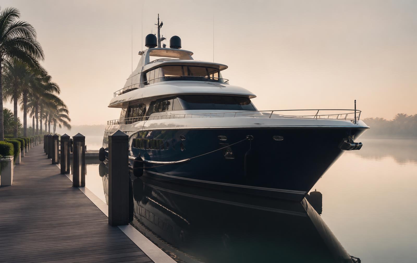 Luxury yacht moored at a quiet South Florida marina at dawn